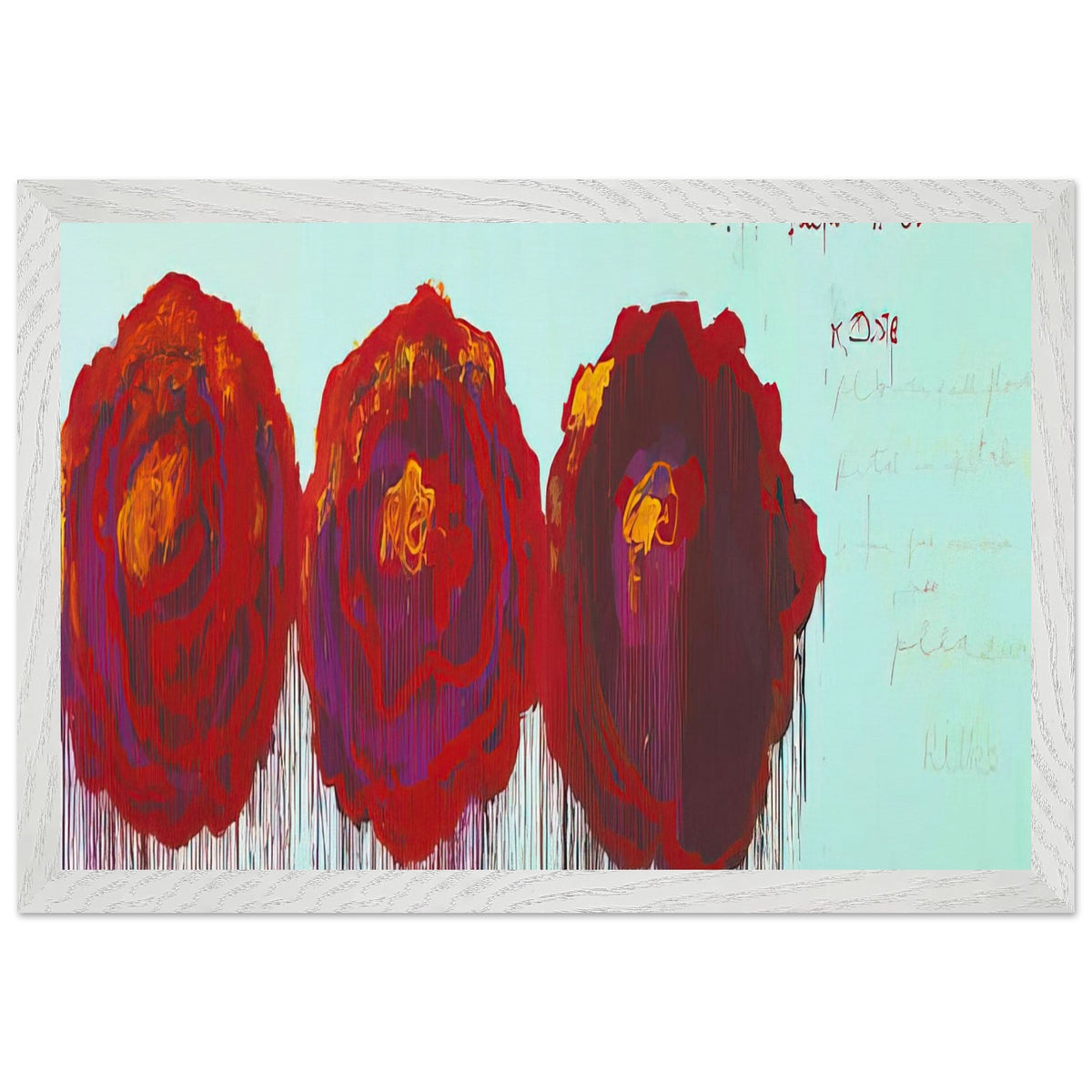 The Rose (IV) by Cy Twombly framed art print; featuring three oversized rose forms in deep crimson, fiery red, rich burgundy, and vivid violet; size 800 × 1200 mm (32 × 48 in); wood frame.