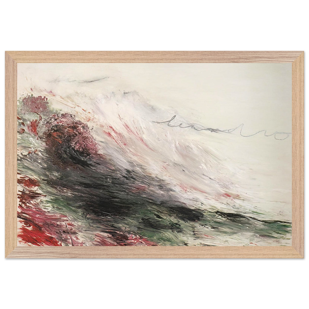 Hero and Leandro (A Painting in Four Parts) Part I by Cy Twombly framed art print; featuring sweeping white and pale gray brushstrokes, layered charcoal and black marks, subtle green tones; size 30 × 45 cm (12 × 18 in); white frame.