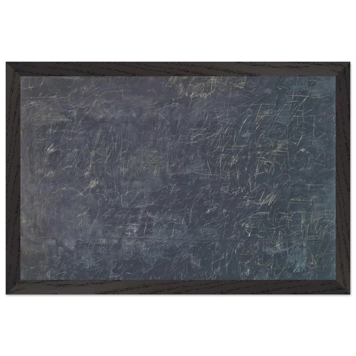 Panorama by Cy Twombly framed art print; featuring a deep charcoal-gray background covered with intricate white and pale-gray scribbles, intersecting lines; size 28 × 43 cm (11 × 17 in); wood frame.