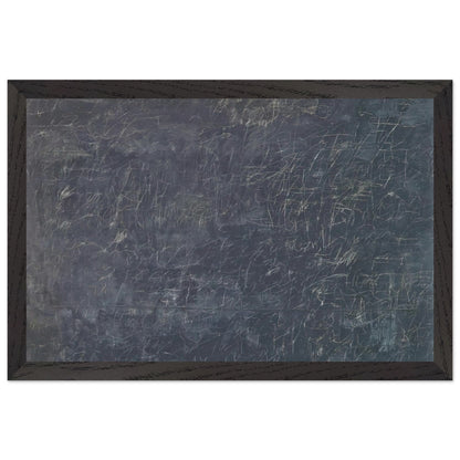 Panorama by Cy Twombly framed art print; featuring a deep charcoal-gray background covered with intricate white and pale-gray scribbles, intersecting lines; size 28 × 43 cm (11 × 17 in); wood frame.