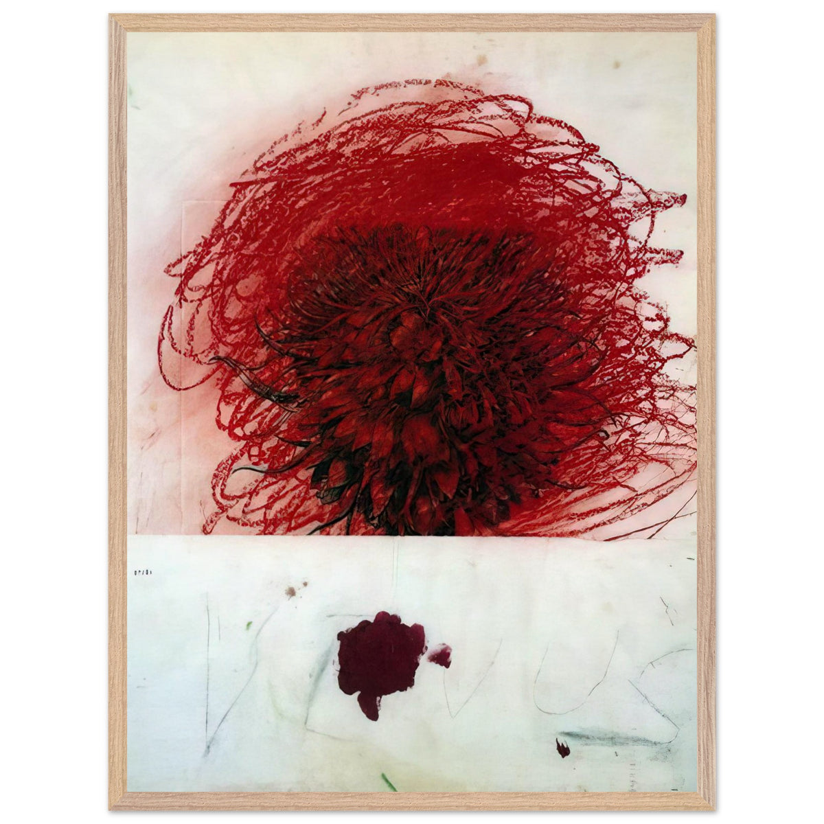 Pan II by Cy Twombly, framed art print, dense red and crimson form, surrounded by sweeping dark strokes and, 60x80 cm (24x32 in), wood frame
