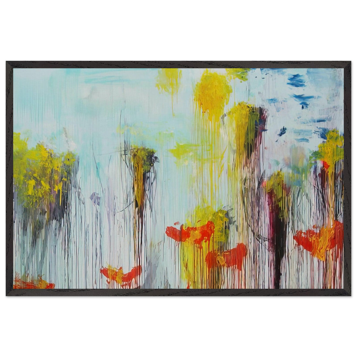 Lepanto, Part VII by Cy Twombly framed art print; featuring vibrant turquoise and aquamarine tones, vivid yellow brushstrokes, fiery orange and red accents; size 60 × 90 cm (24 × 36 in); white frame.