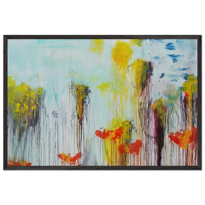 Lepanto, Part VII by Cy Twombly framed art print; featuring vibrant turquoise and aquamarine tones, vivid yellow brushstrokes, fiery orange and red accents; size 60 × 90 cm (24 × 36 in); white frame.