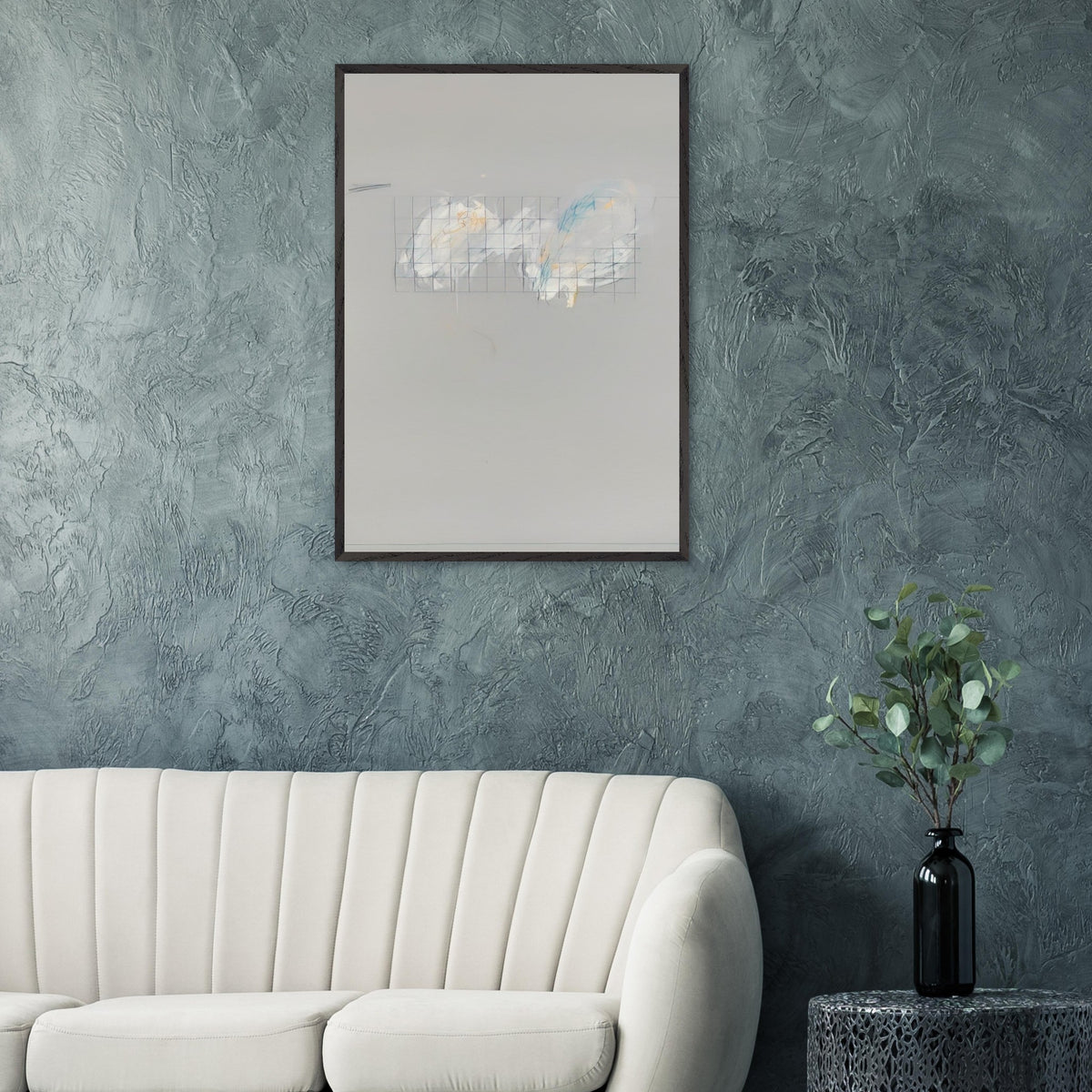 Nine Discourses on Commodus, Part I by Cy Twombly, framed art print; a muted gray background, a delicate grid of intersecting lines, and subtle accents of white, pale blue, yellow