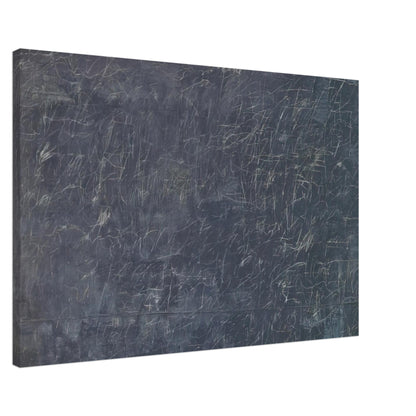 Panorama by Cy Twombly canvas print, 50 × 75 cm / 20 × 30 in: a dark charcoal-gray background covered with a dense web of delicate white and pale gray lines.