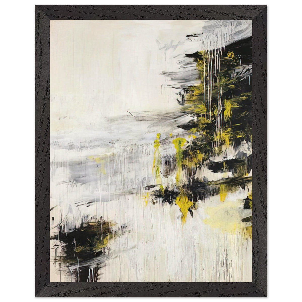 Quattro Stagioni II. Inverno by Cy Twombly, framed art print, bold black brushstrokes, flowing white and gray paint, 40x50 cm (16x20 in), black frame