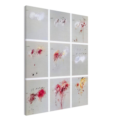 Nine Discourses on Commodus by Cy Twombly, canvas print, muted gray background with expressive red and crimson gestures, 50x70 cm (20x28 in)