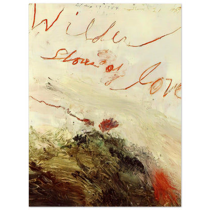 Wilder Shores of Love by Cy Twombly, poster, sweeping red and orange handwritten marks, delicate pencil lines, 50x70 cm (20x28 in)