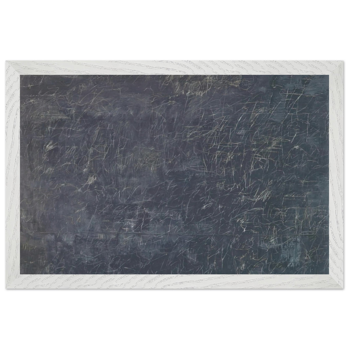 Panorama by Cy Twombly framed art print; featuring a deep charcoal-gray background covered with intricate white and pale-gray scribbles, intersecting lines; size 50 × 70 cm (20 × 28 in); wood frame.
