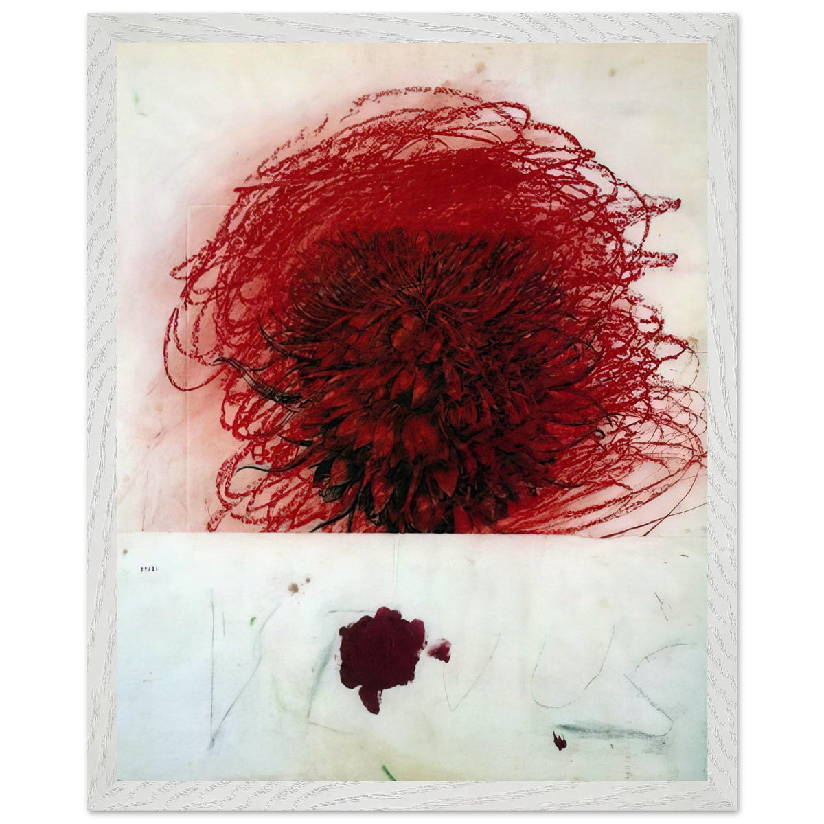 Pan II by Cy Twombly, framed art print, dense red and crimson form, surrounded by sweeping dark strokes and, 27x35 cm (11x14 in), wood frame
