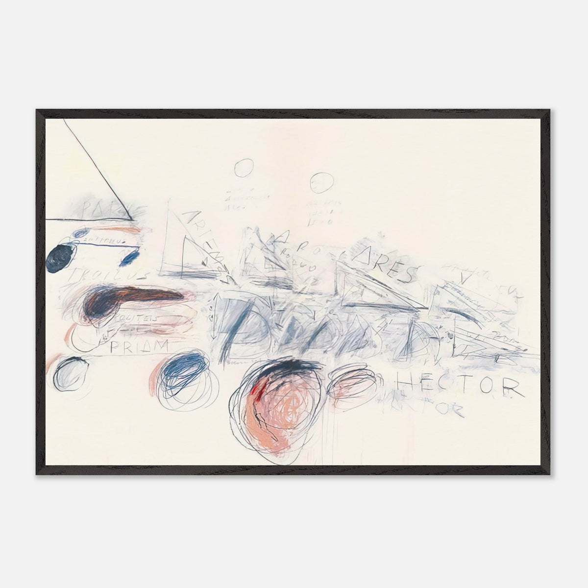 Fifty Days at Iliam: Ilians in Battle by Cy Twombly framed art print; featuring delicate blue-gray lines, energetic red marks, overlapping geometric shapes.