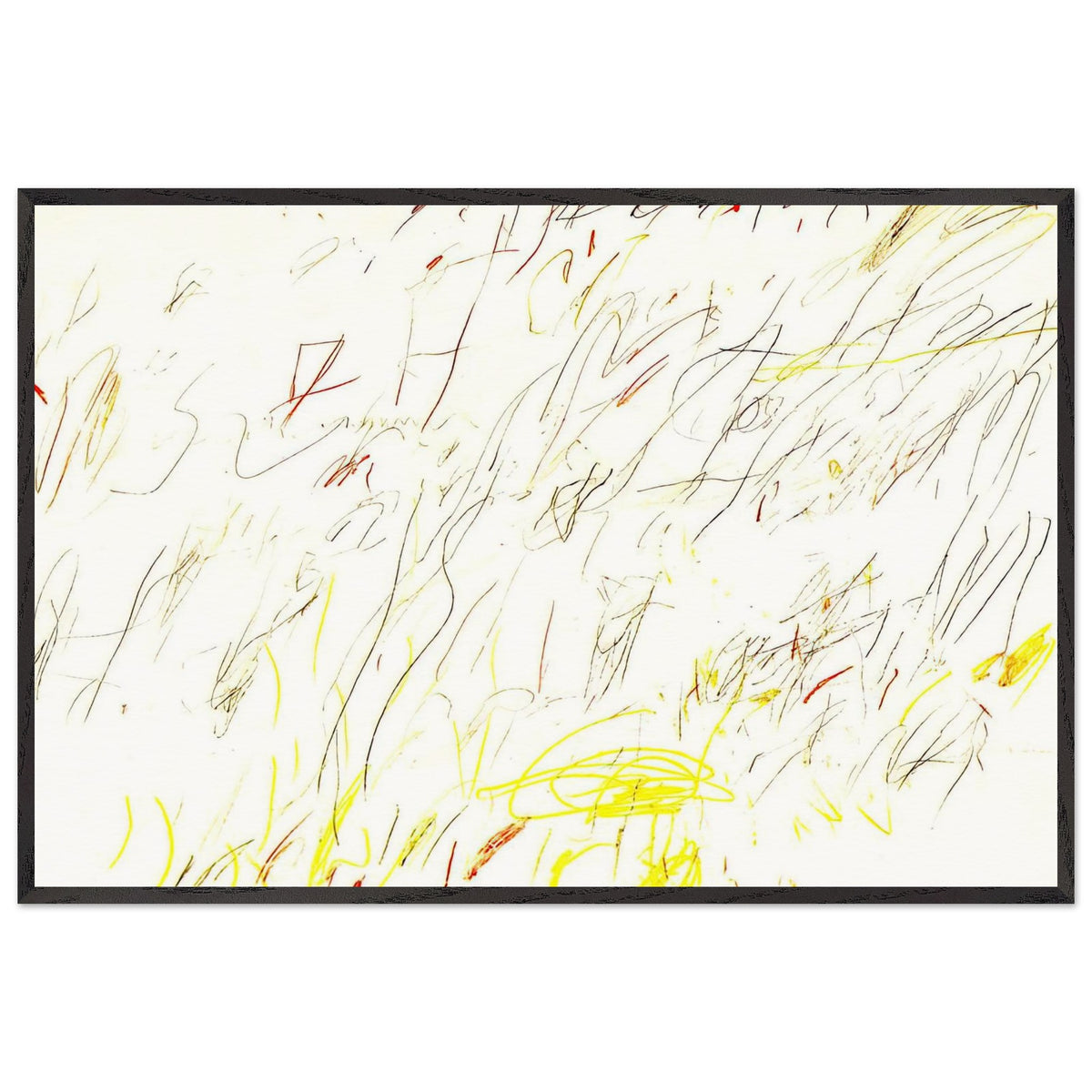 Blue Room by Cy Twombly framed art print; featuring delicate, spontaneous scribbles and gestural lines in shades of black, red, orange; size 28 × 43 cm (11 × 17 in); white frame.