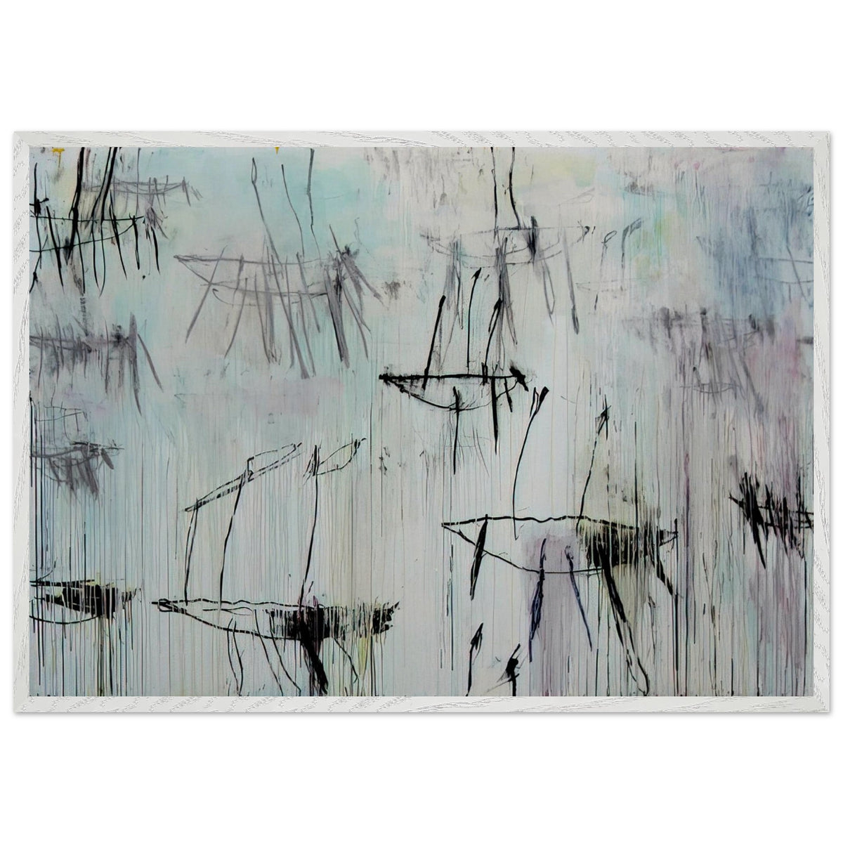 Lepanto, Part V by Cy Twombly framed art print; featuring a pale blue and ivory background, expressive black lines, delicate gray marks, subtle pink undertones; size 60 × 90 cm (24 × 36 in); white frame.