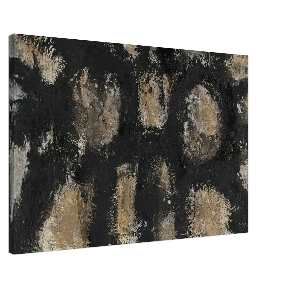 Myo by Cy Twombly canvas print, 50 × 75 cm / 20 × 30 in: This striking composition features irregular ivory, beige, and earthy forms emerging from a deep….