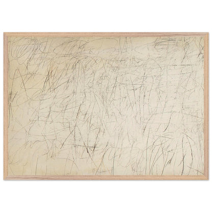 The Geeks by Cy Twombly framed art print; featuring an ivory and warm beige background covered with delicate pencil-like scribbles, intersecting lines; size 30 × 45 cm (12 × 18 in); white frame.