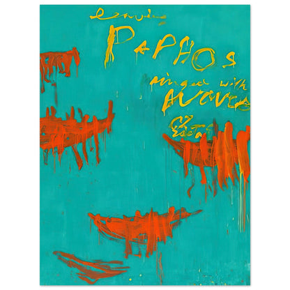 Leaving Paphos Ringed with Waves by Cy Twombly, poster, 50x70 cm / 20x28″; a rich turquoise background with energetic orange-red boat-like shapes and spontaneous yellow handwritten lettering