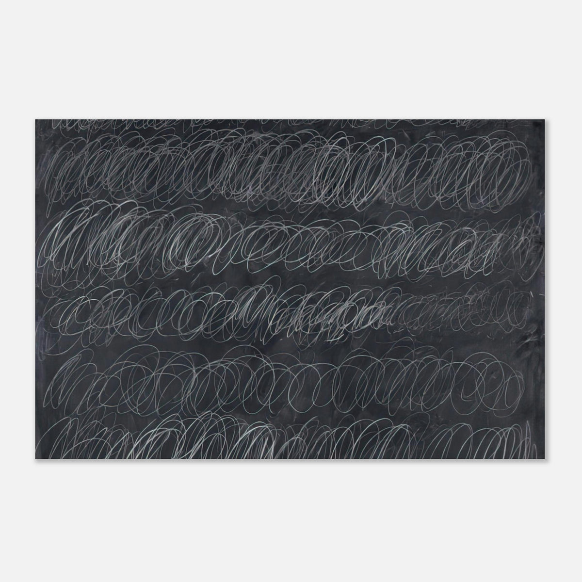 Cold Stream by Cy Twombly poster: This monochromatic composition features repeated horizontal bands of overlapping white and gray loops….
