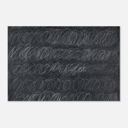 Cold Stream by Cy Twombly poster: This monochromatic composition features repeated horizontal bands of overlapping white and gray loops….