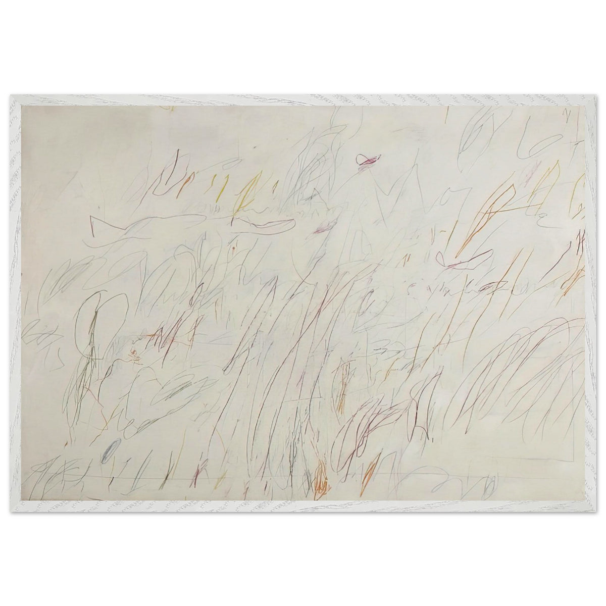 Sunset by Cy Twombly framed art print; featuring a soft ivory background covered with delicate pencil marks, flowing curves, spontaneous scribbles; size 70 × 100 cm (28 × 40 in); wood frame.