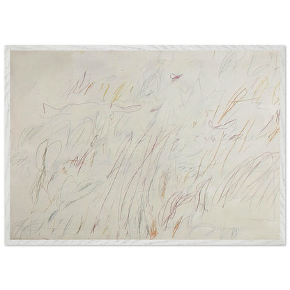 Sunset by Cy Twombly framed art print; featuring a soft ivory background covered with delicate pencil marks, flowing curves, spontaneous scribbles; size 70 × 100 cm (28 × 40 in); wood frame.
