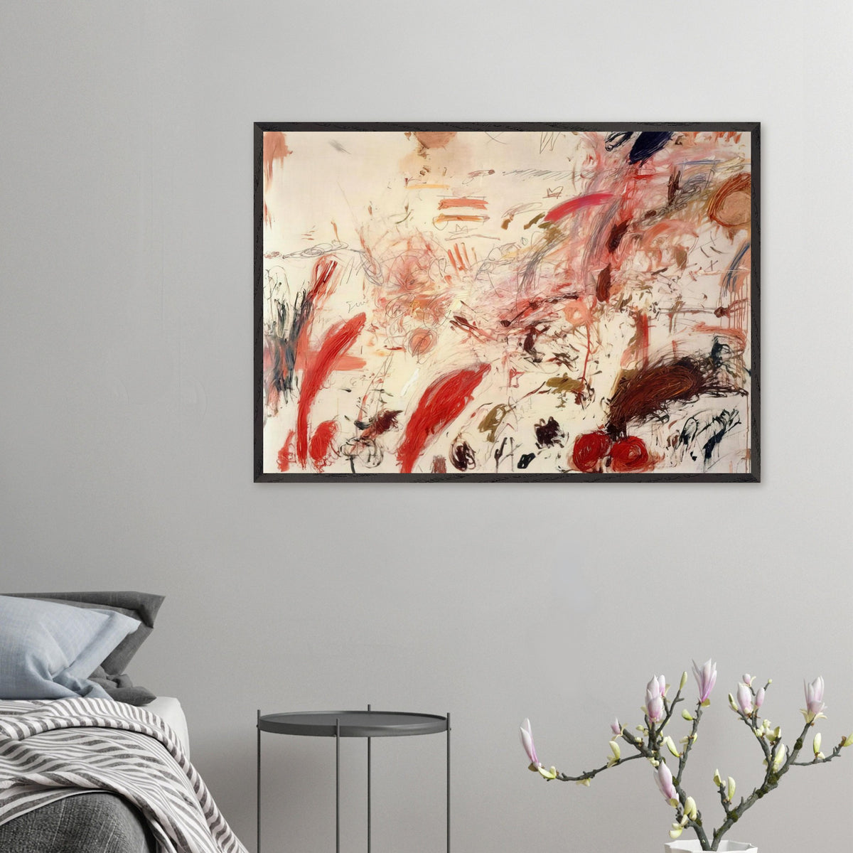 Ferragosto IV by Cy Twombly framed art print; featuring energetic red and pink brushstrokes, sweeping lines, layered marks, and contrasting accents of orange, brown.