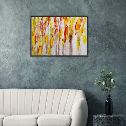 Lepanto, Part I by Cy Twombly framed art print; featuring vivid yellow and golden-orange brushstrokes, fiery red accents, delicate pink marks.