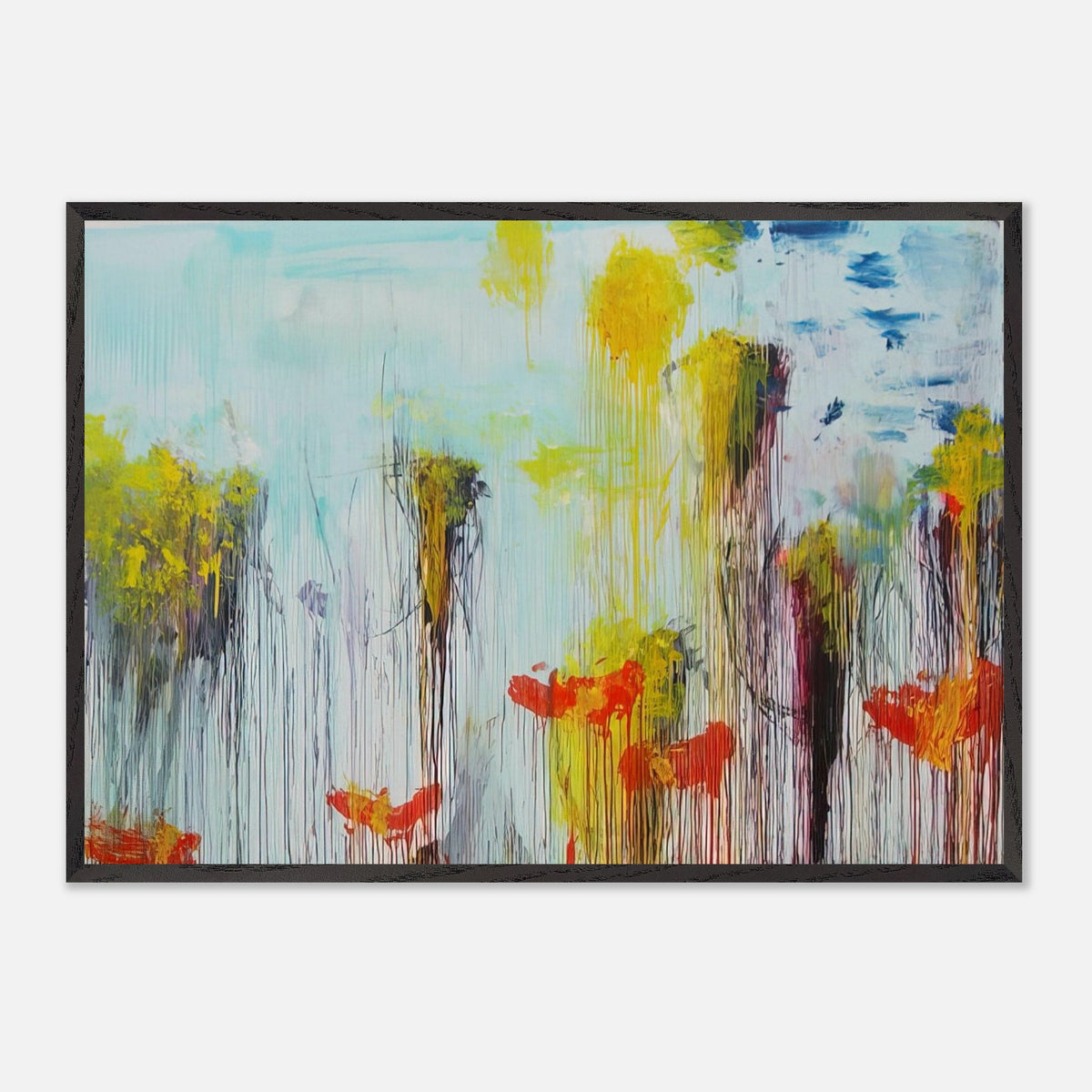 Lepanto, Part VII by Cy Twombly framed art print; featuring vibrant turquoise and aquamarine tones, vivid yellow brushstrokes, fiery orange and red accents.