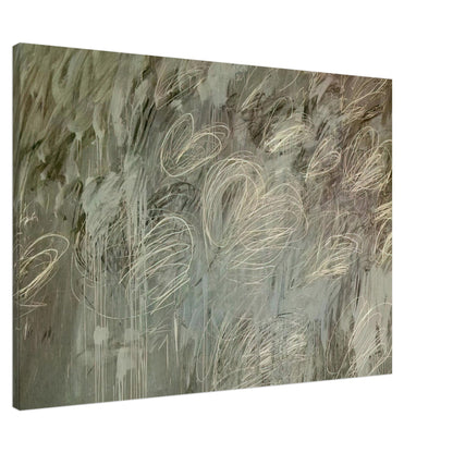III Notes from Salalah (Note II) by Cy Twombly canvas print, 40 × 50 cm / 16 × 20 in: a layered gray-green background covered with sweeping ivory loops, delicate pale lines….