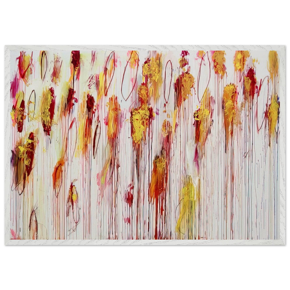 Lepanto, Part VIII by Cy Twombly framed art print; featuring vivid golden-yellow and orange brushstrokes, deep crimson and burgundy accents, delicate pink marks; size 50 × 70 cm (20 × 28 in); white frame.