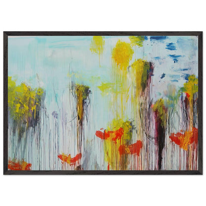 Lepanto, Part VII by Cy Twombly framed art print; featuring vibrant turquoise and aquamarine tones, vivid yellow brushstrokes, fiery orange and red accents; size 30 × 45 cm (12 × 18 in); wood frame.