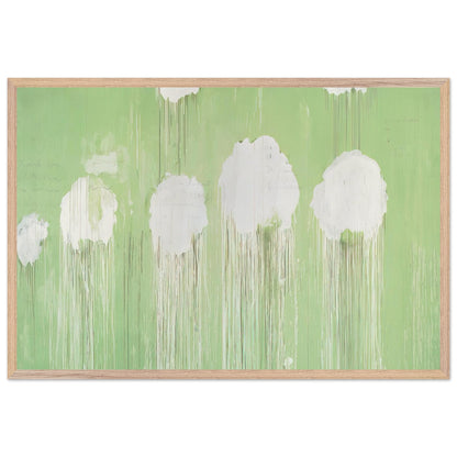 Untitled (Peony Blossom Painting) by Cy Twombly framed art print; featuring delicate white peony blossoms against a soft, luminous green background; size 70 × 100 cm (28 × 40 in); wood frame.