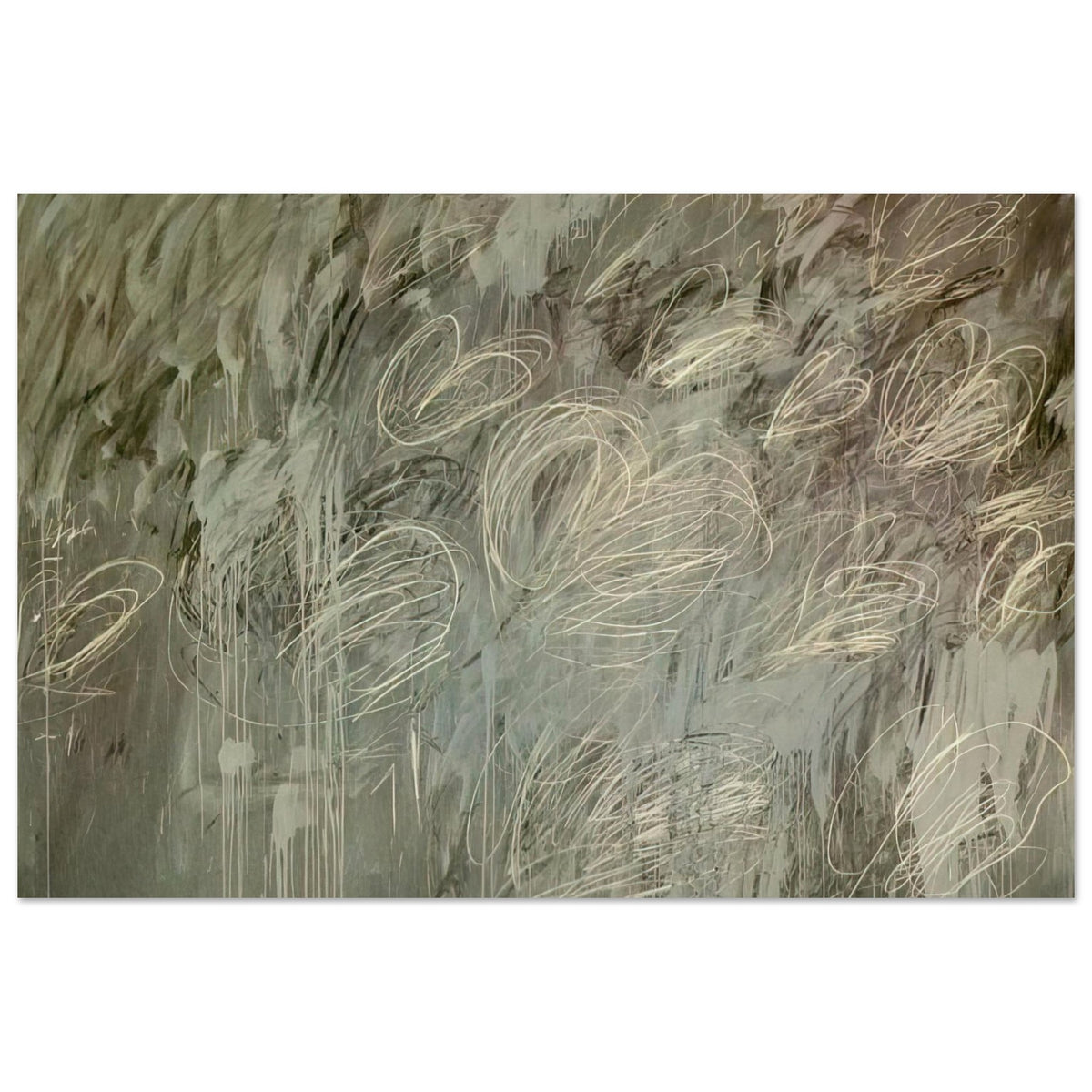 III Notes from Salalah (Note II) by Cy Twombly poster, 40 × 60 cm / 16 × 24 in: This expressive composition features a layered gray-green background covered with delicate ivory and pale….
