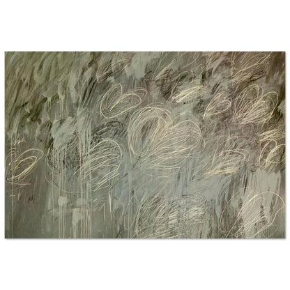 III Notes from Salalah (Note II) by Cy Twombly poster, 40 × 60 cm / 16 × 24 in: This expressive composition features a layered gray-green background covered with delicate ivory and pale….