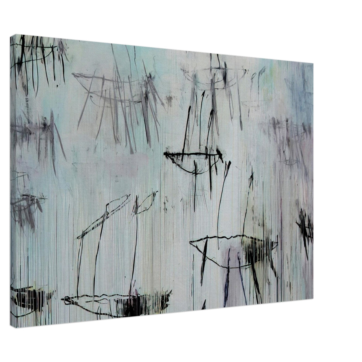 Lepanto, Part V by Cy Twombly canvas print, 40 × 50 cm / 16 × 20 in: a pale blue-gray background covered with spontaneous black lines, sketch-like geometric forms….
