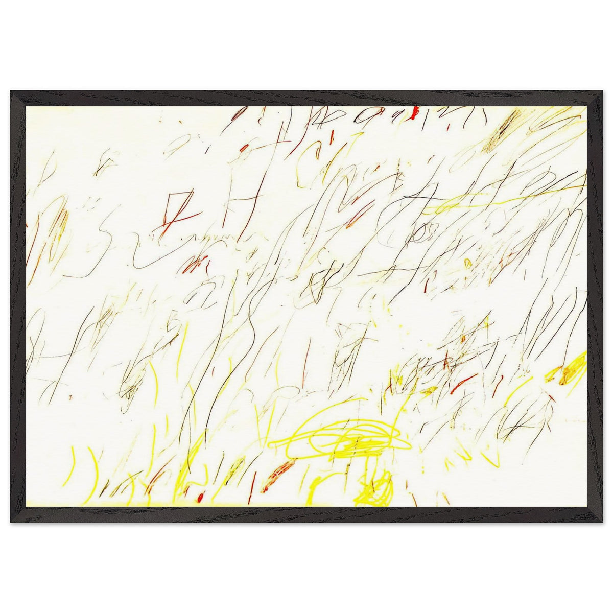 Blue Room by Cy Twombly framed art print; featuring delicate, spontaneous scribbles and gestural lines in shades of black, red, orange; size 60 × 90 cm (24 × 36 in); white frame.