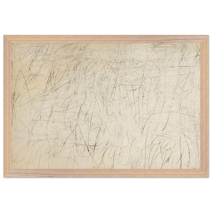 The Geeks by Cy Twombly framed art print; featuring an ivory and warm beige background covered with delicate pencil-like scribbles, intersecting lines; size 28 × 43 cm (11 × 17 in); white frame.