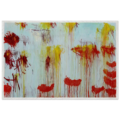 Lepanto, Part XI by Cy Twombly framed art print; featuring a luminous turquoise and pale blue background with vibrant golden-yellow brushstrokes; size 28 × 43 cm (11 × 17 in); black frame.