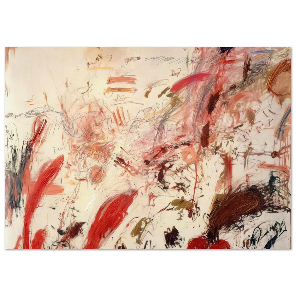 Ferragosto IV by Cy Twombly poster, 60 × 90 cm / 24 × 36 in: This expressive composition features a warm cream background layered with energetic red, pink, orange….