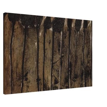 Solon I by Cy Twombly canvas print, 70 × 100 cm / 28 × 40 in: This striking composition features elongated black and dark brown forms set against a textured background….