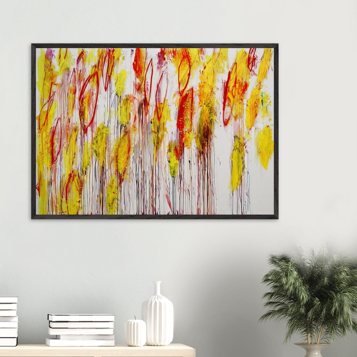 Lepanto, Part I by Cy Twombly framed art print; featuring vivid yellow and golden-orange brushstrokes, fiery red accents, delicate pink marks.