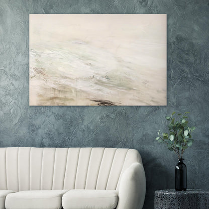 Hero and Leandro (A Painting in Four Parts) Part II by Cy Twombly poster: a pale, expansive background layered with delicate white and gray brushstrokes, subtle beige tones….