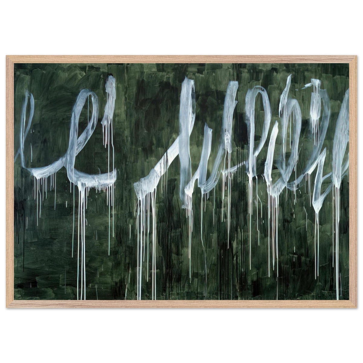 III Notes from Salalah (Note I) by Cy Twombly framed art print; featuring expressive white looping strokes and elongated paint drips against a rich, dark green background; size 30 × 45 cm (12 × 18 in); white frame.