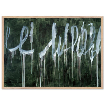III Notes from Salalah (Note I) by Cy Twombly framed art print; featuring expressive white looping strokes and elongated paint drips against a rich, dark green background; size 30 × 45 cm (12 × 18 in); white frame.