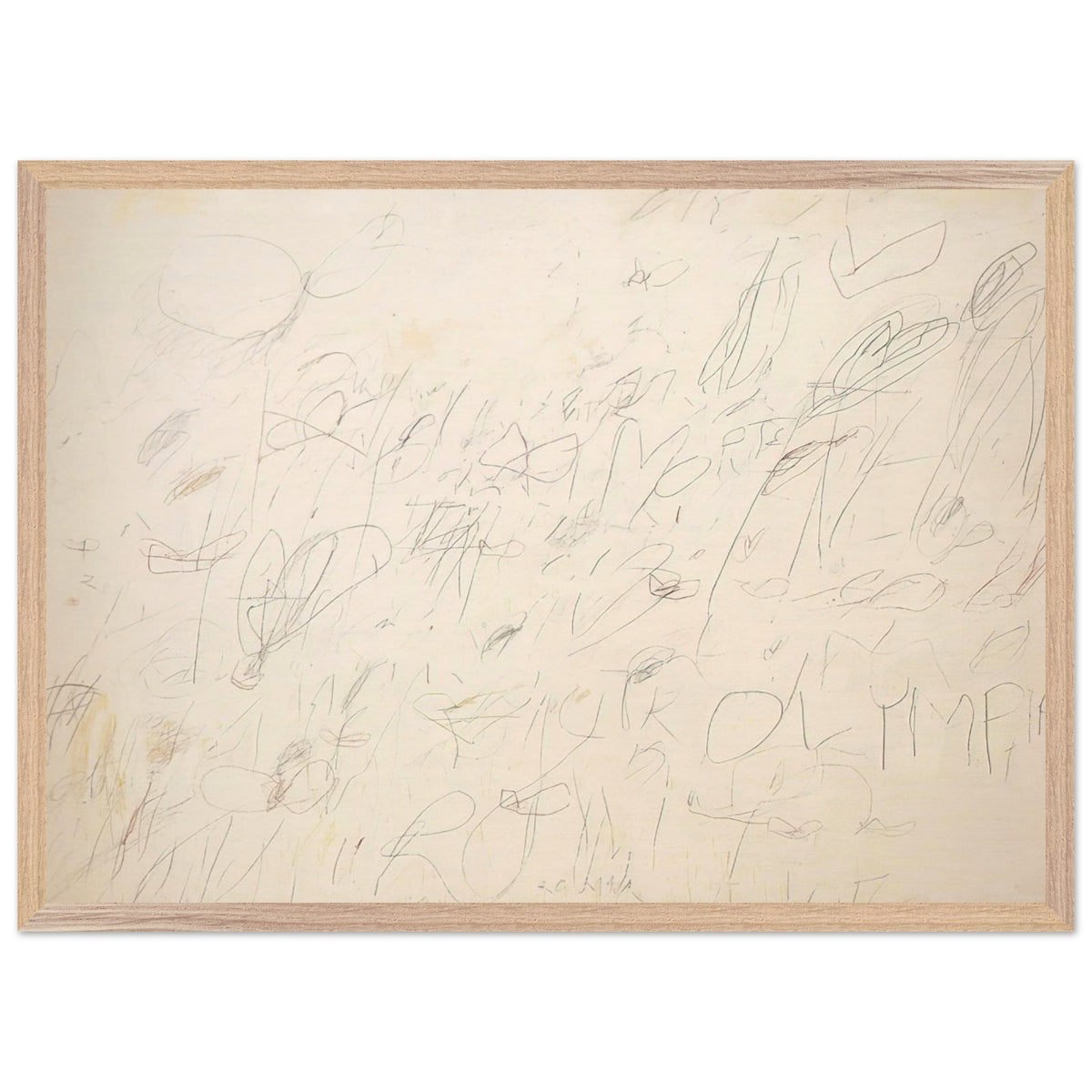 Olympia by Cy Twombly framed art print; featuring a warm ivory and pale cream background covered with delicate pencil-like lines, overlapping scribbles; size 70 × 100 cm (28 × 40 in); white frame.
