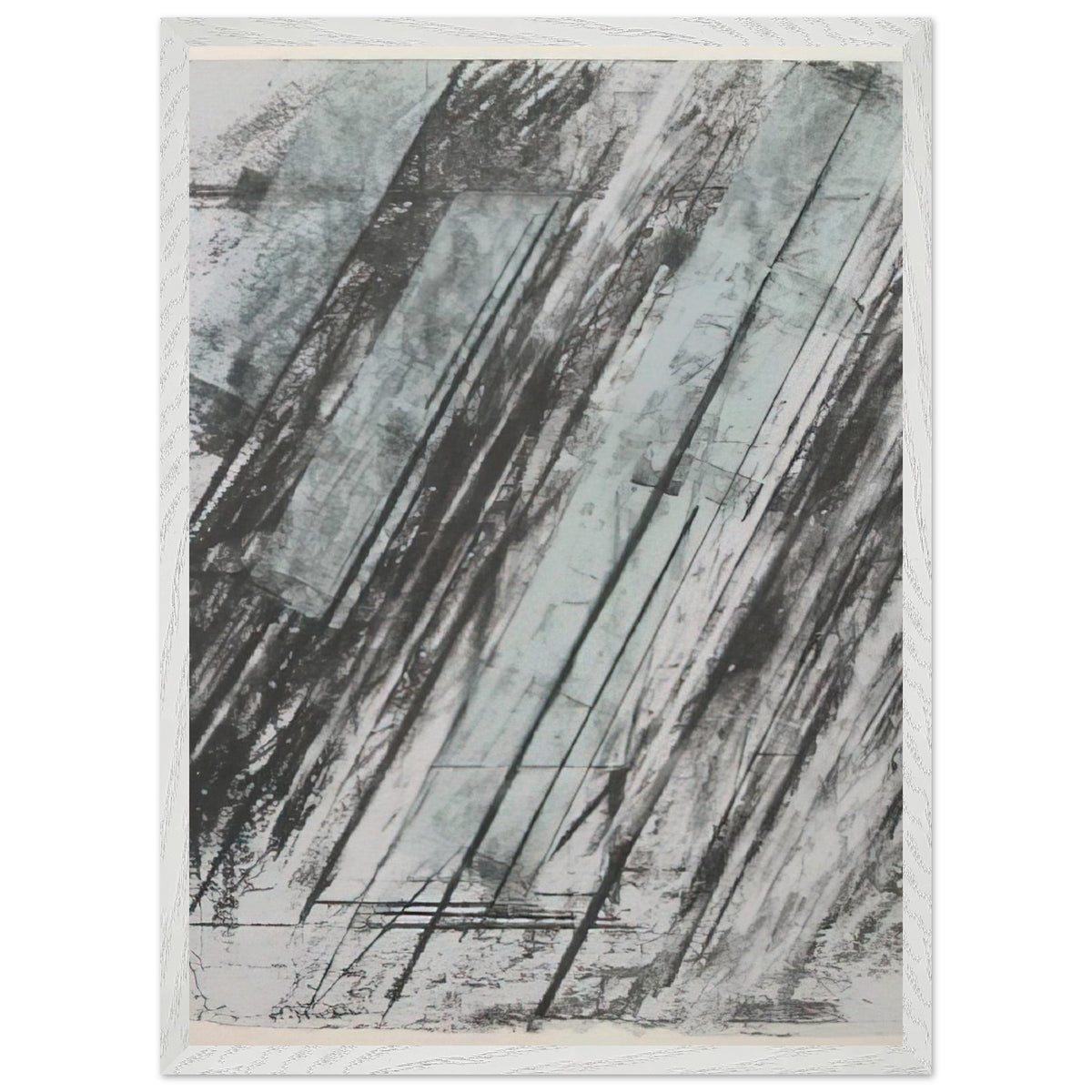 Untitled (Bastian 38) by Cy Twombly, framed art print, powerful diagonal strokes, layered black and gray marks, 70x100 cm (28x40 in), white frame