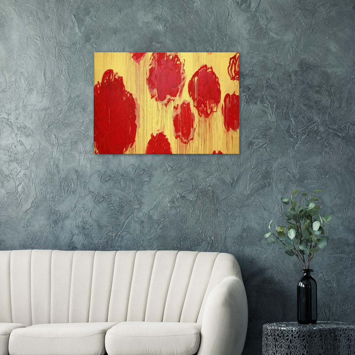 Untitled (Peonias Series) by Cy Twombly canvas print: This striking composition features vivid red and crimson forms against a radiant golden-yellow background.