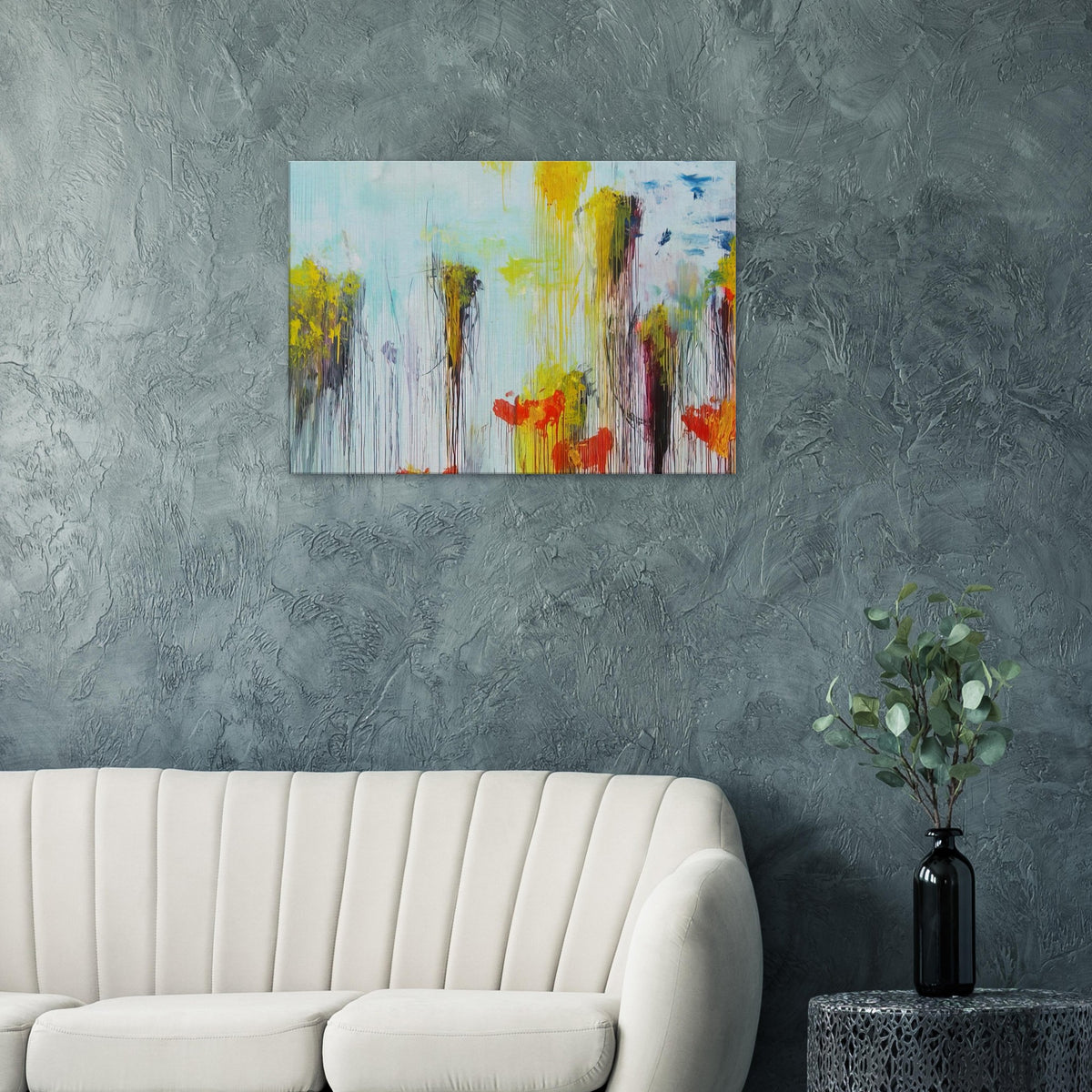 Lepanto, Part VII by Cy Twombly canvas print: This striking composition features a pale blue background covered with flowing vertical paint drips….