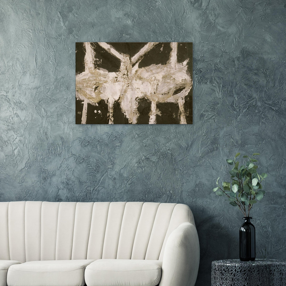 Min-Oe by Cy Twombly canvas print: This striking composition features thick ivory-white brushstrokes against a deep black background….