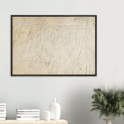 The Geeks by Cy Twombly framed art print; featuring an ivory and warm beige background covered with delicate pencil-like scribbles, intersecting lines.