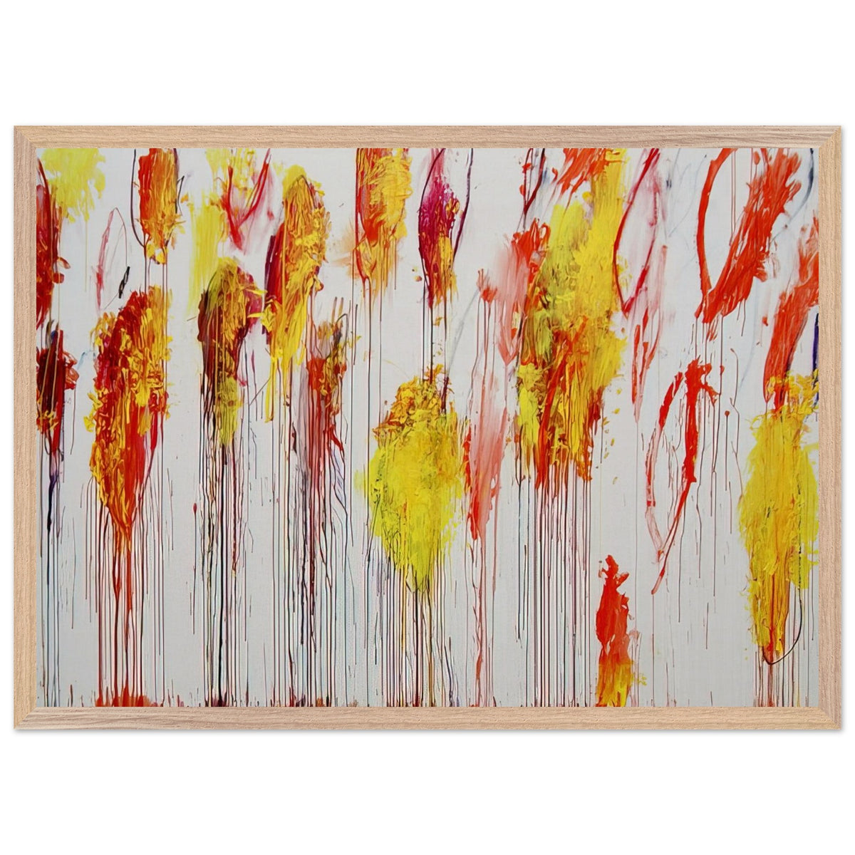 Lepanto, Part XII by Cy Twombly framed art print; featuring vibrant golden-yellow and orange brushstrokes, fiery red and crimson accents; size 50 × 70 cm (20 × 28 in); white frame.